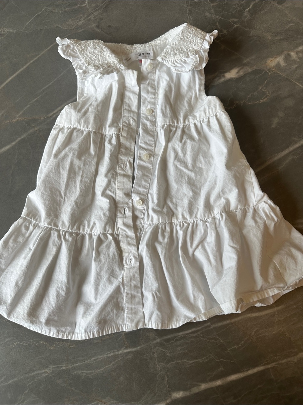 Zara White Tiered Eyelet-Collar Button Front Dress